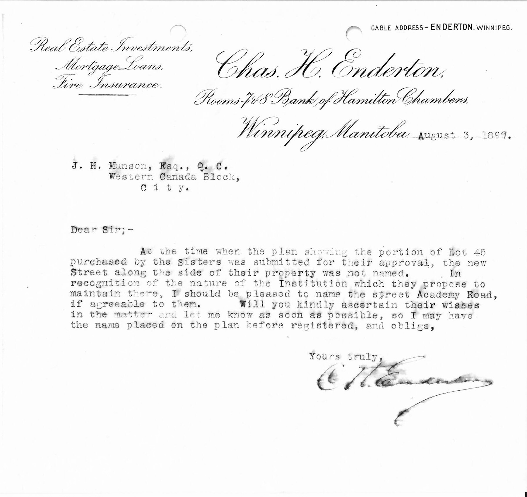 A letter that contains the word "Chas H. Enderton" on the top right corner