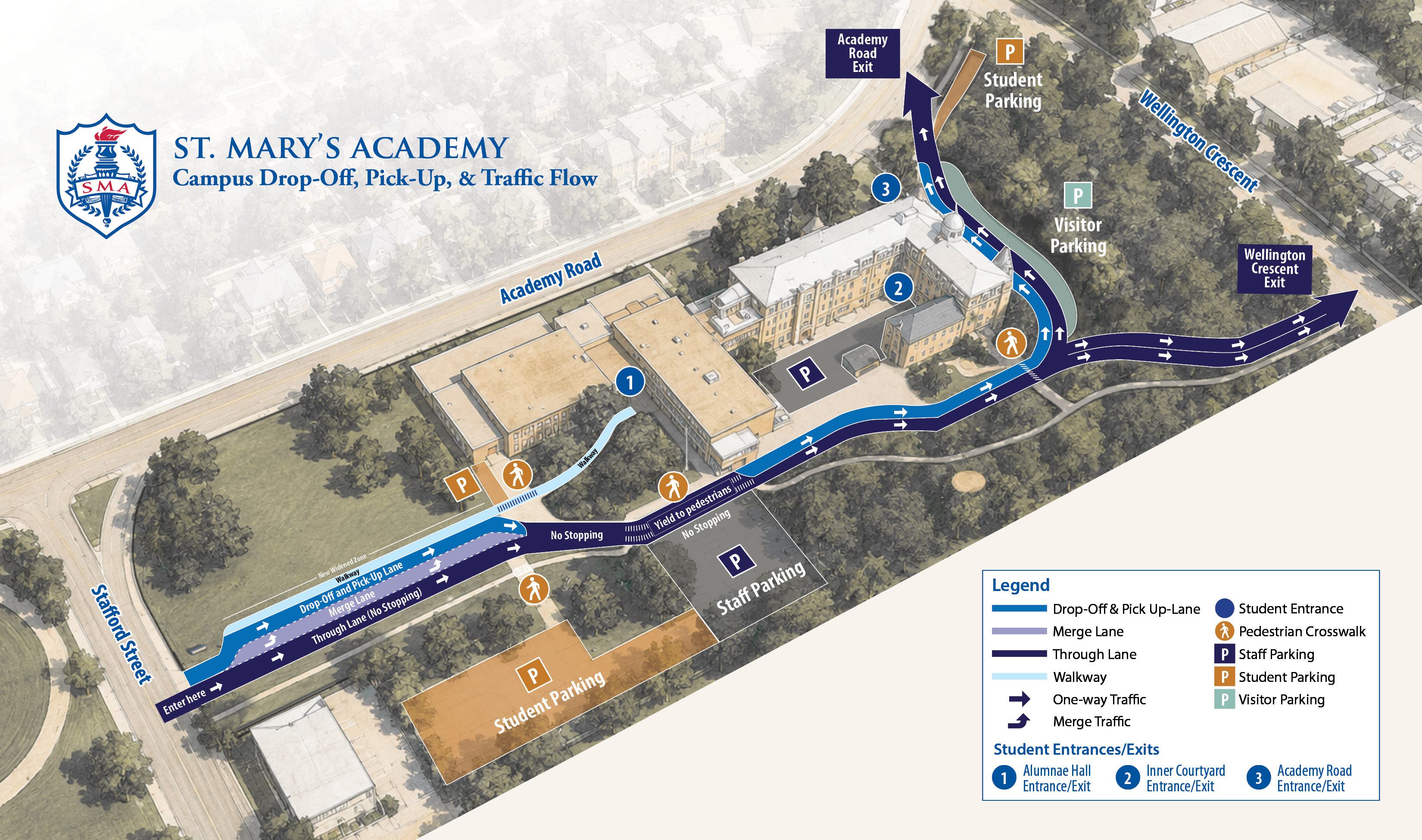 an aerial view of St. Mary's Academy with a drop-off and traffic flow guidelines