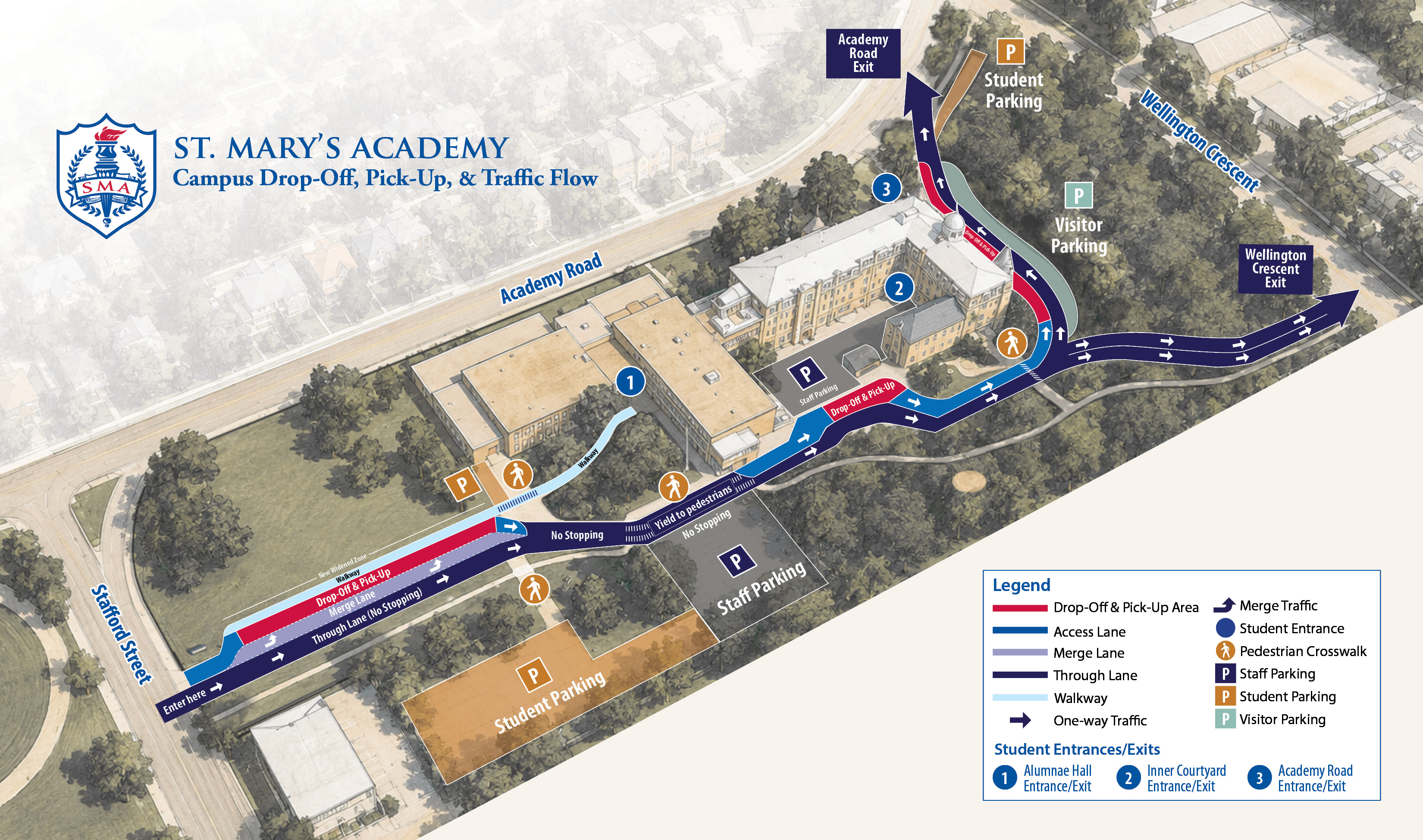 A map of student parking at the St. Mary's Academy campus.