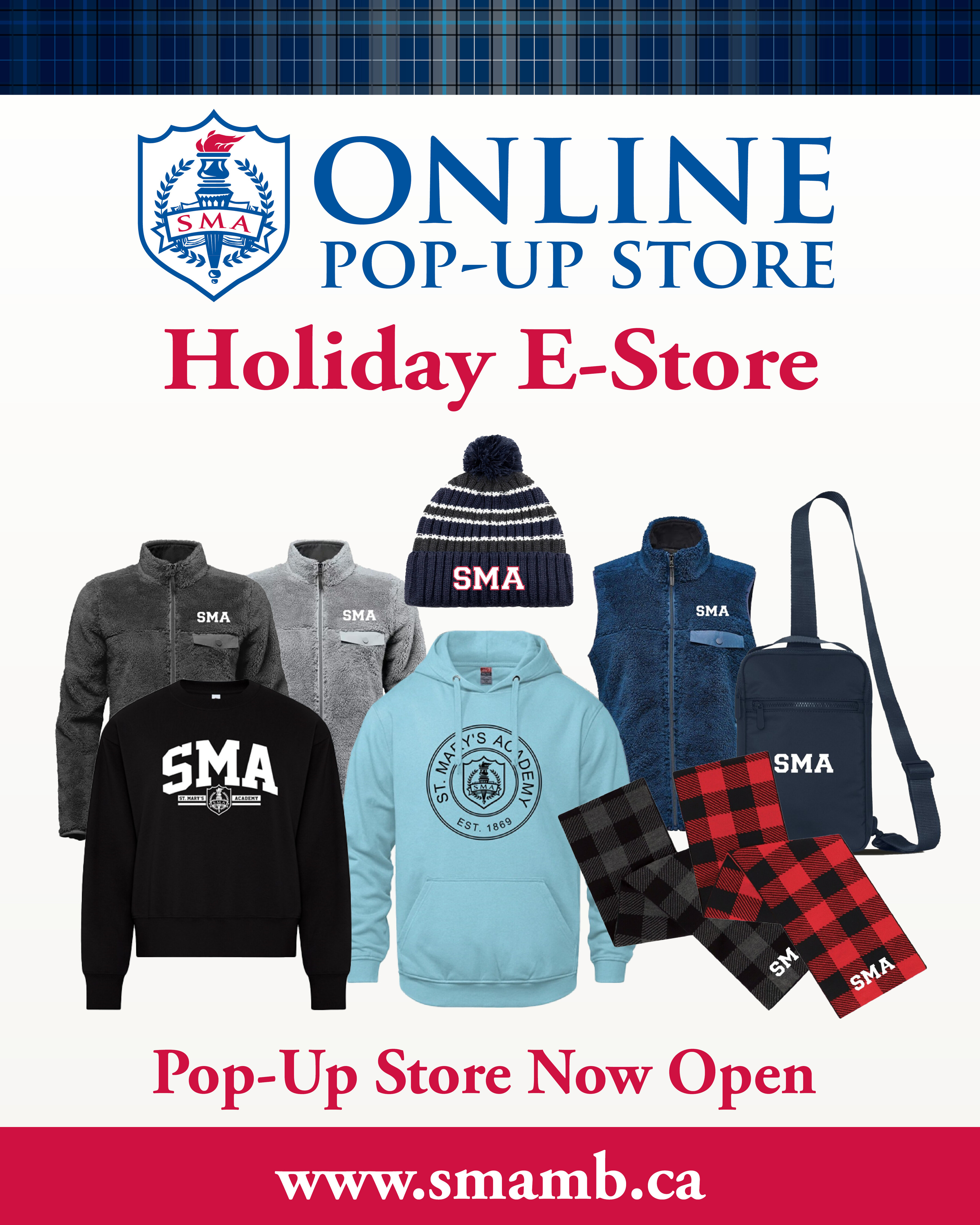 a collage of SMA merchandise with the words "Online Pop-up Store, Holiday E-store" on top of the images.