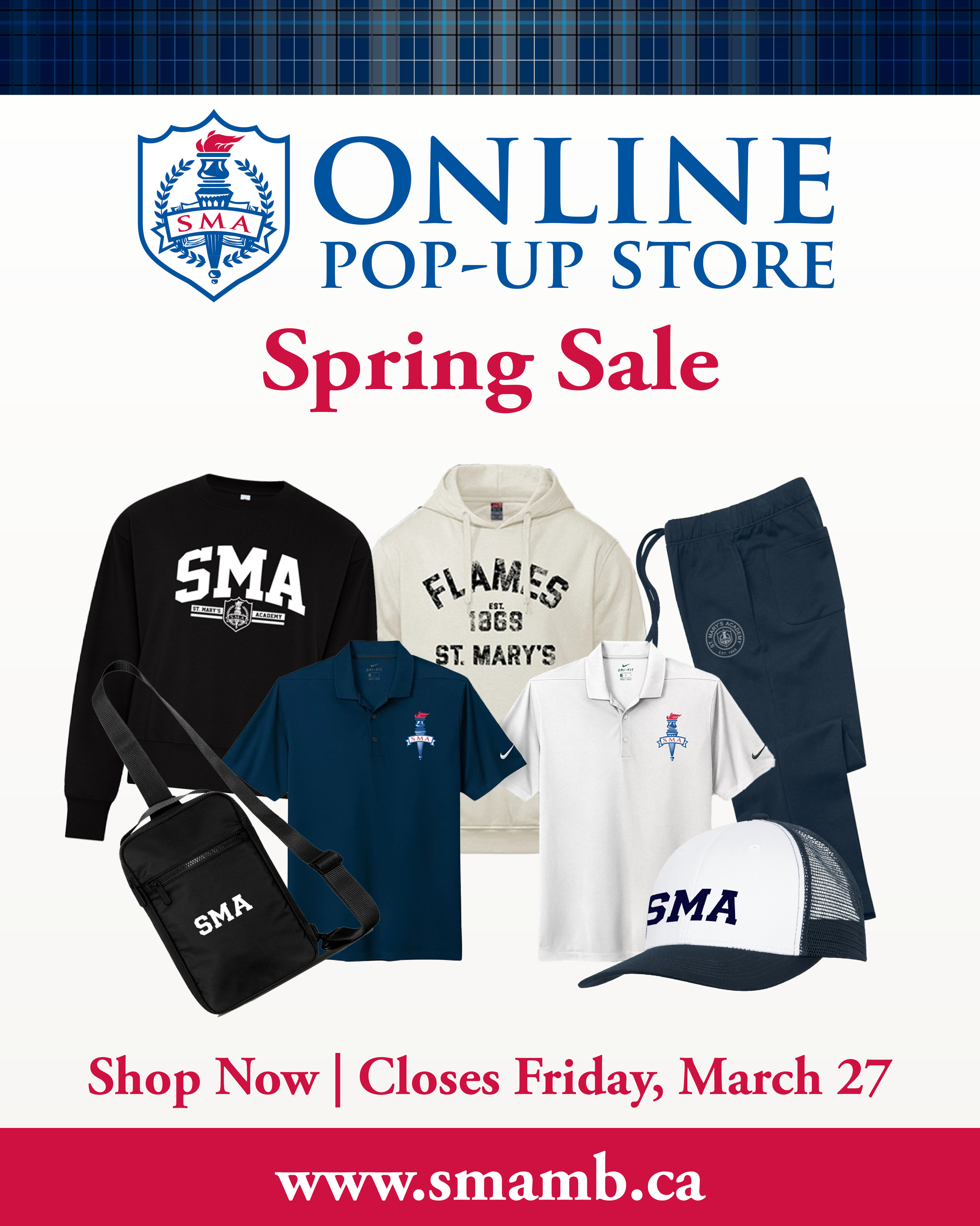 a collage of SMA merchandise with the words "Online Pop-up Store, Spring Sale" on top of the images.