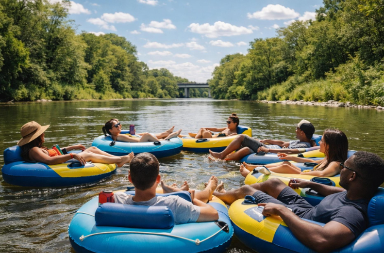 a group of people on blue and yellow floaties, floating together on a river with trees in the background